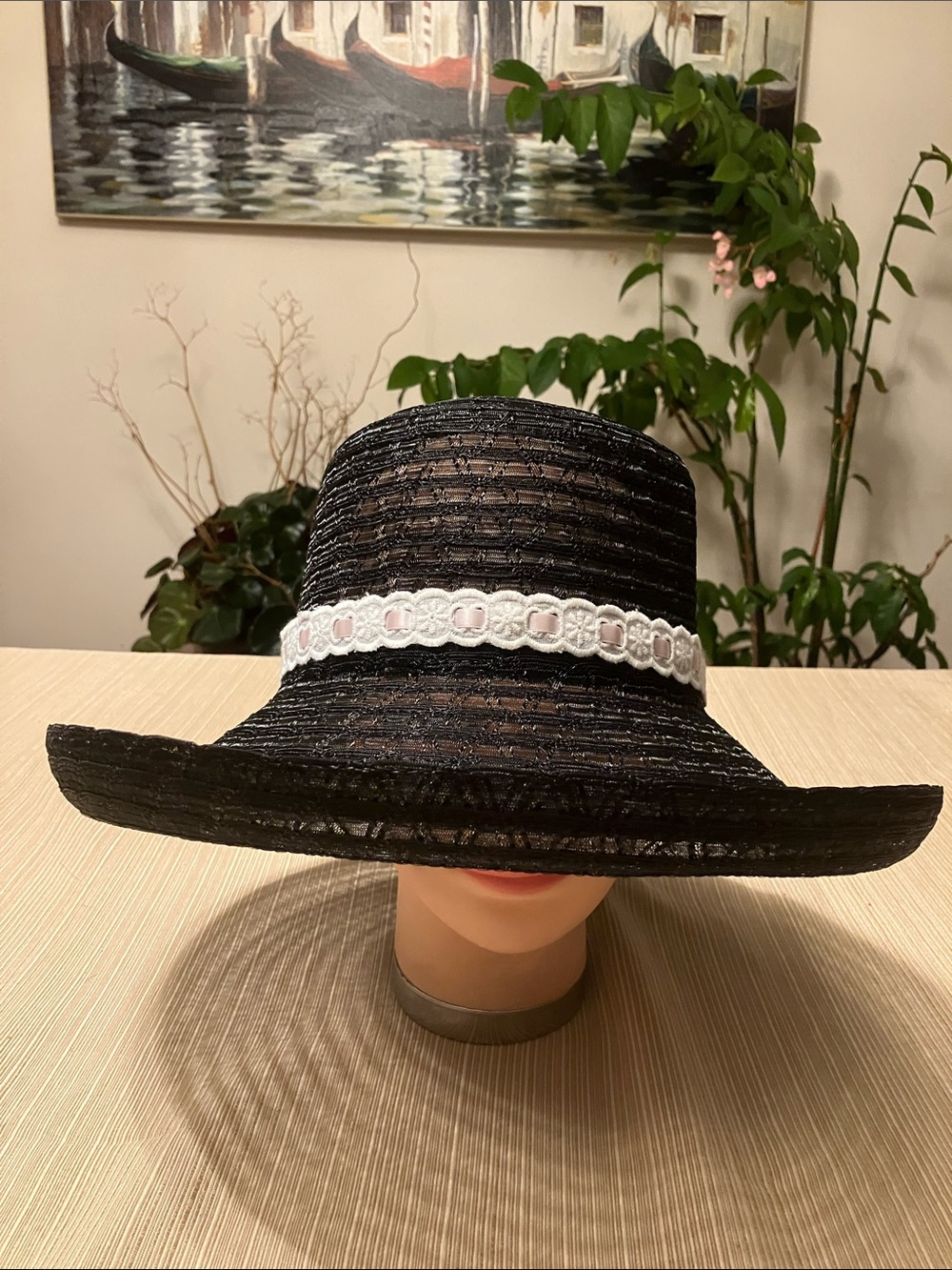 Black Wide-Brim Straw Hat with White Lace Band